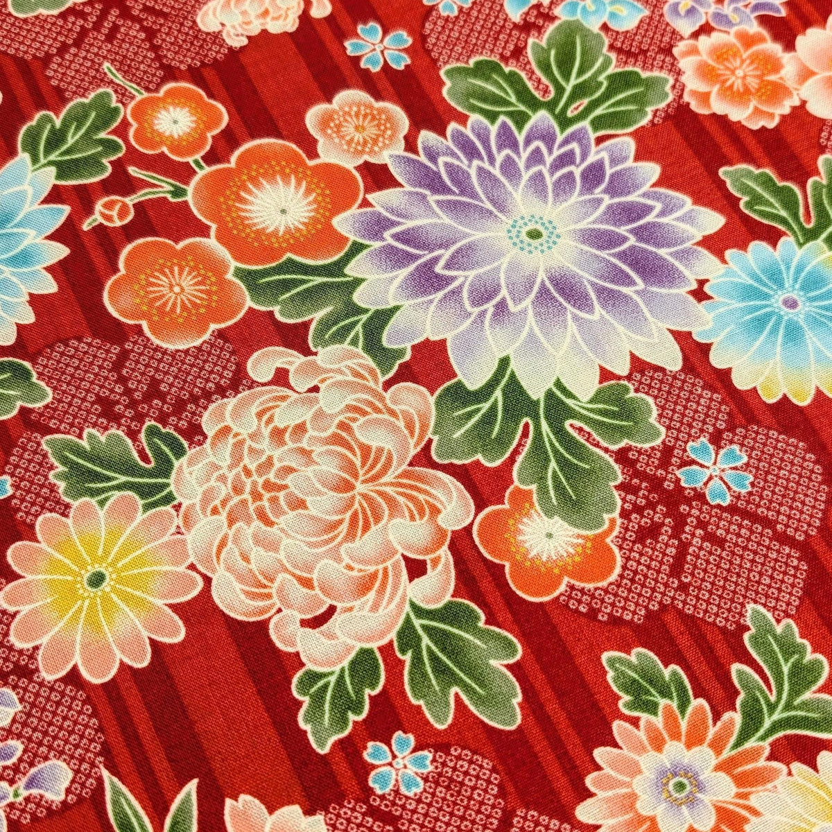 Sevenberry - Striped Shibori Flowers Cotton Fabric - Red