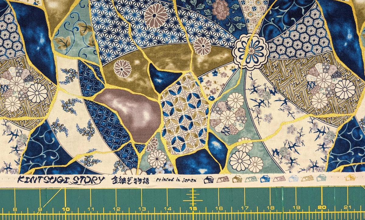 Senyo - Patterned Kintsugi Collage Cotton Fabric - Blue Gray White