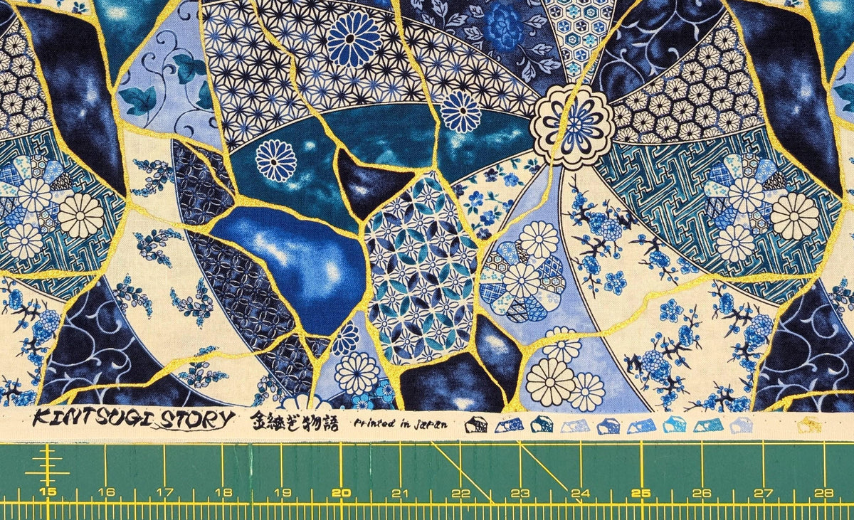 Senyo - Patterned Kintsugi Collage Cotton Fabric - Blue and White