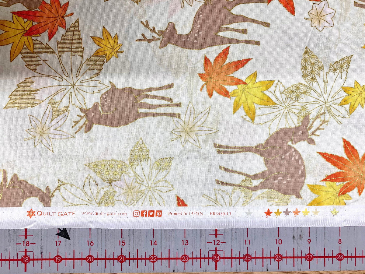 QuiltGate - Hyakka Ryoran Deer and Maple Leaf Cotton Fabric - Cream Orange Yellow Gold