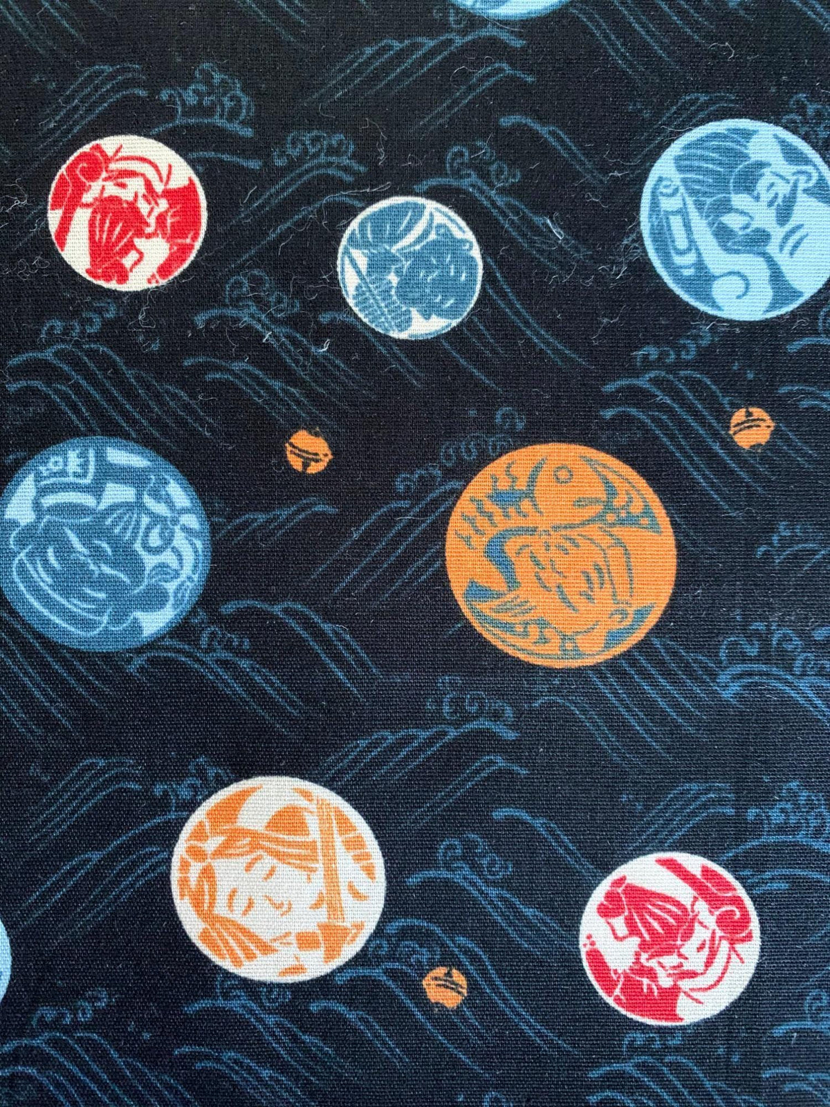 Seven Lucky Gods 七福神 Shichifukujin Japanese cotton fabric Y-3060-43D black