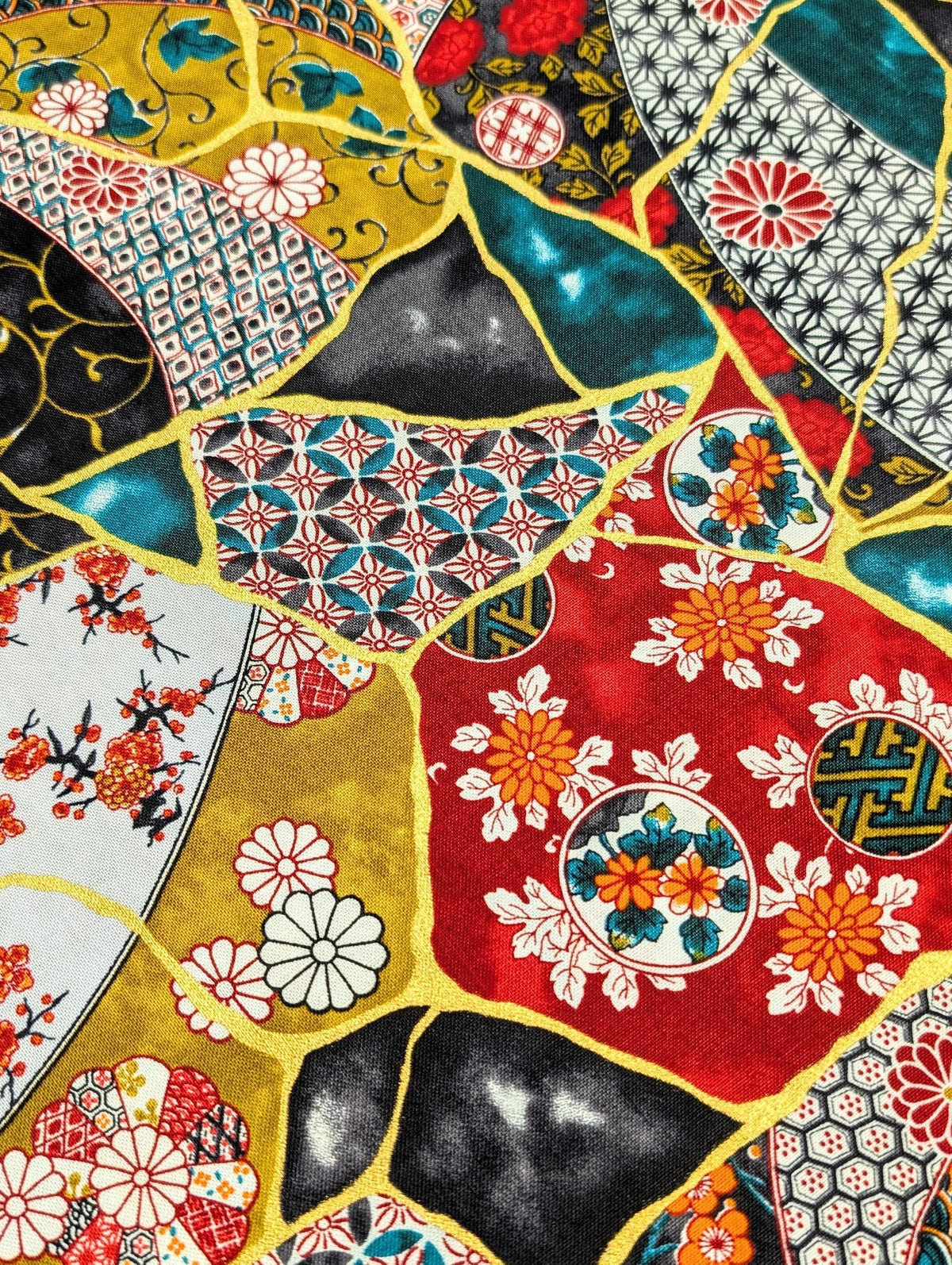 Senyo - Patterned Kintsugi Collage Cotton Fabric - Black Teal Red