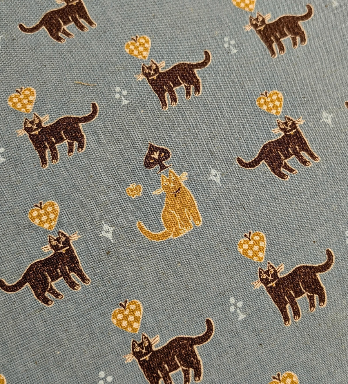 Kokka - Solitaire Cats Cotton/Linen Fabric - Teal Blue
