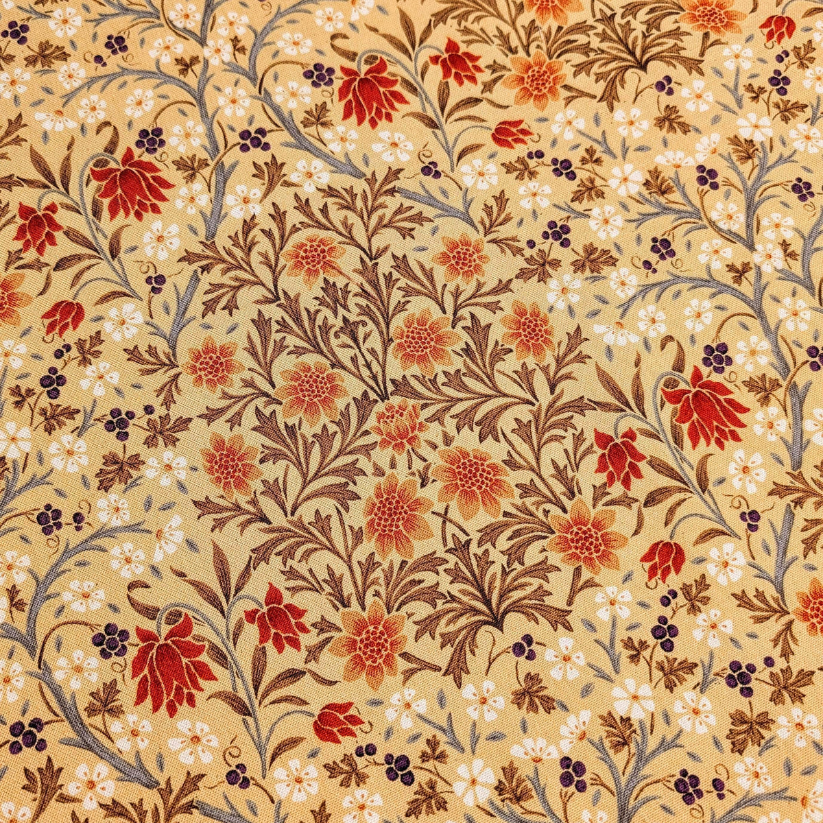 Morris Flower Fields Kobayashi Japanese cotton oxford canvas fabric KTS-6994 A beige & orange