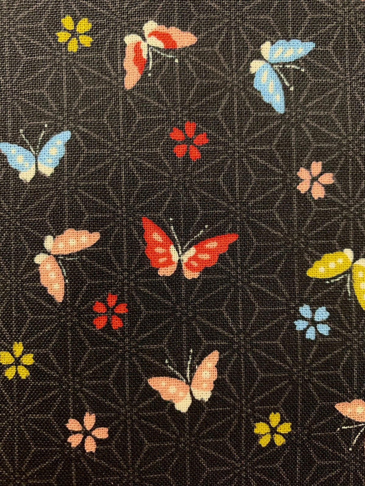 Sevenberry - Little Butterflies and Asanoha Stars Cotton Fabric - Black