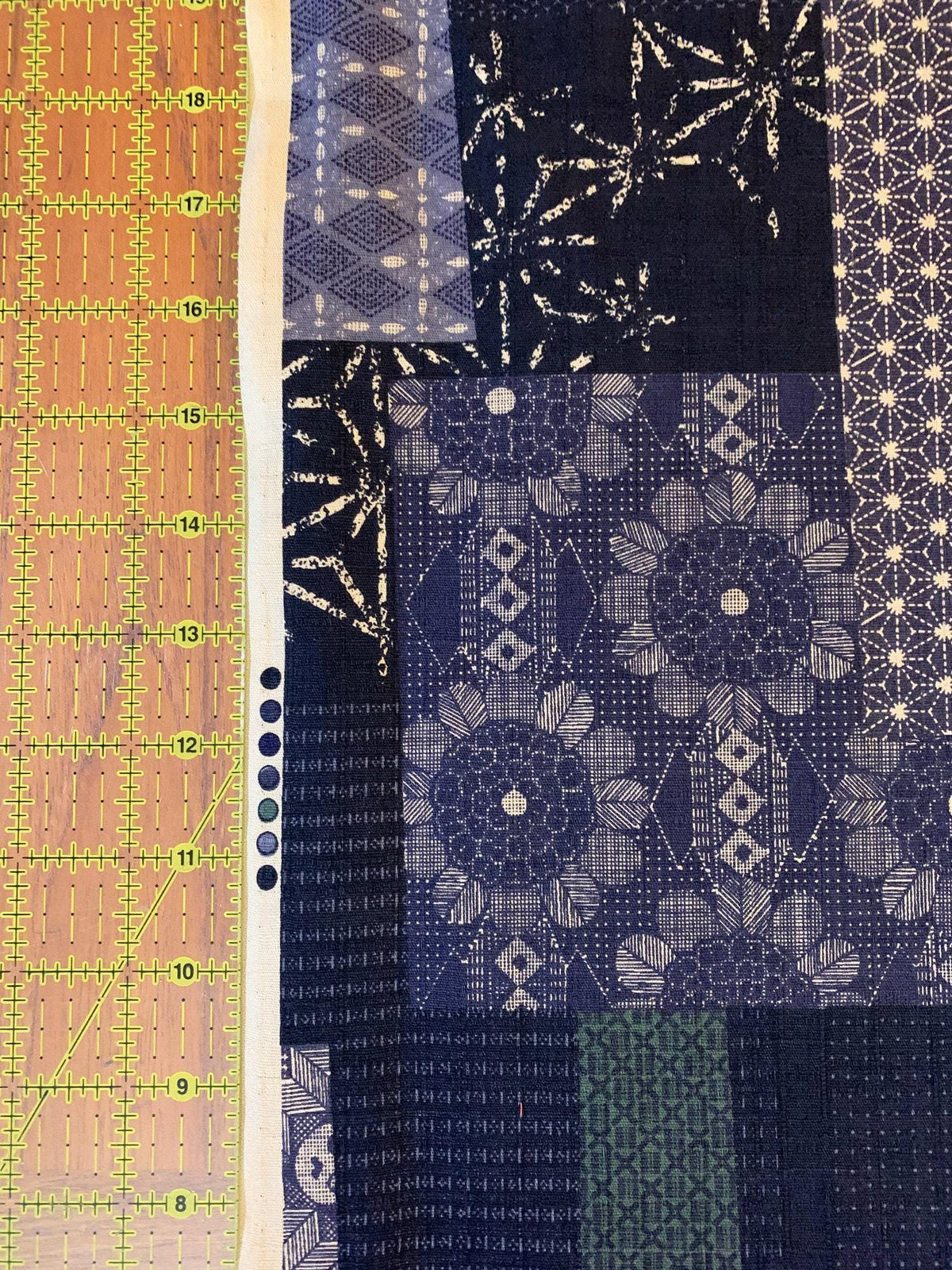 Morikiku - Boro Patchwork Cotton Dobby - Blue