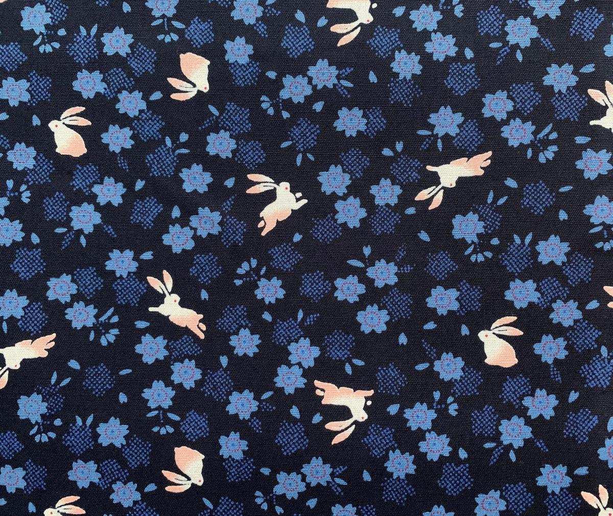 Rabbits and Cherry Blossoms Japanese cotton fabric 3060-27F blue