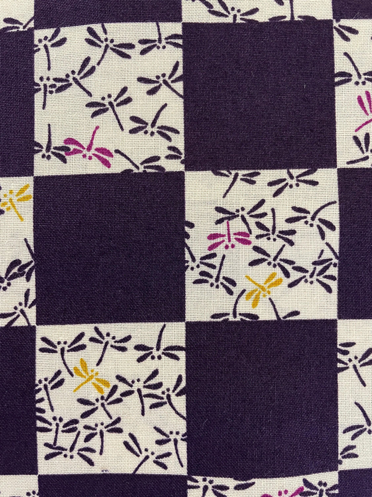Kurenai - Checkerboard Dragonflies Cotton Fabric - Deep Purple