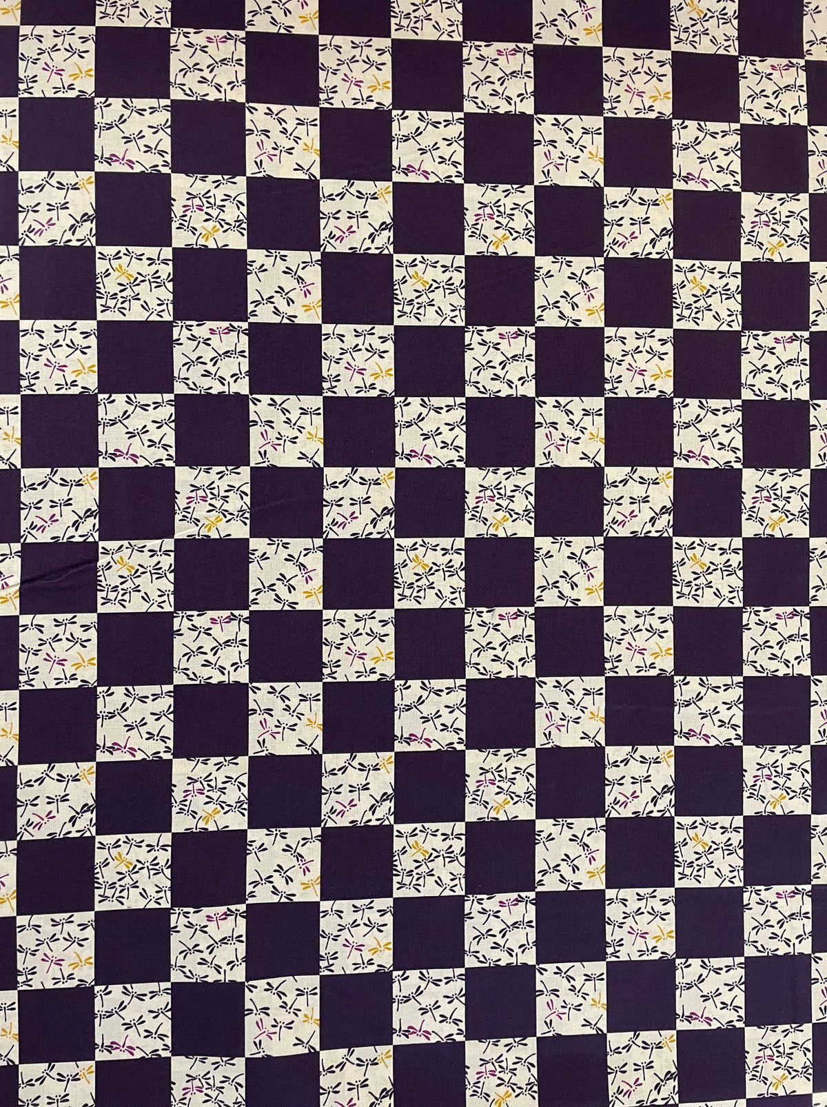 Kurenai - Checkerboard Dragonflies Cotton Fabric - Deep Purple