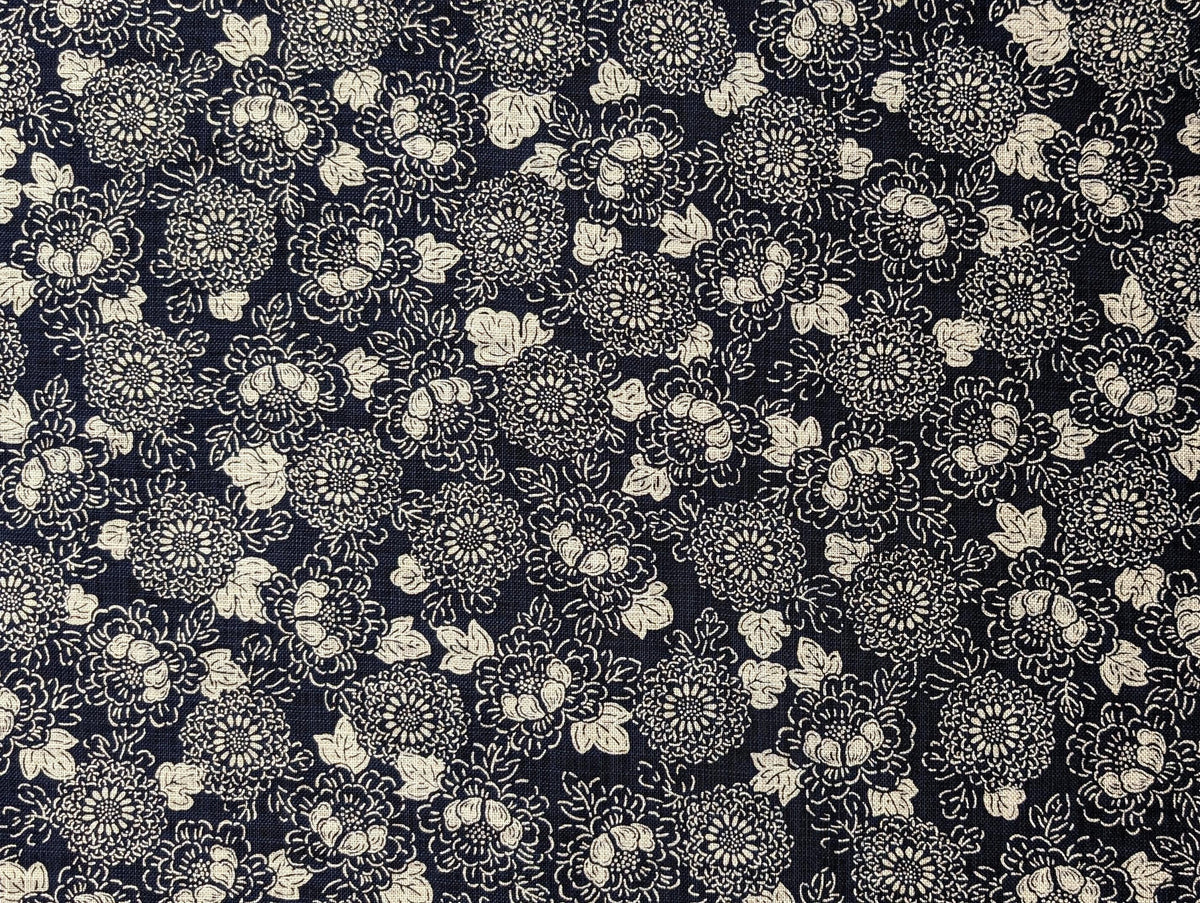 Sevenberry - Karakusa Flower Cotton Fabric - Navy Blue Beige