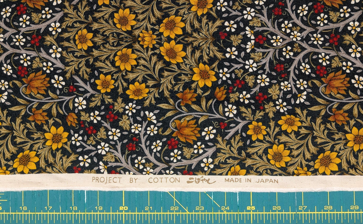 Morris Flower Fields Kobayashi Japanese cotton oxford canvas fabric KTS-6994 D black & yellow