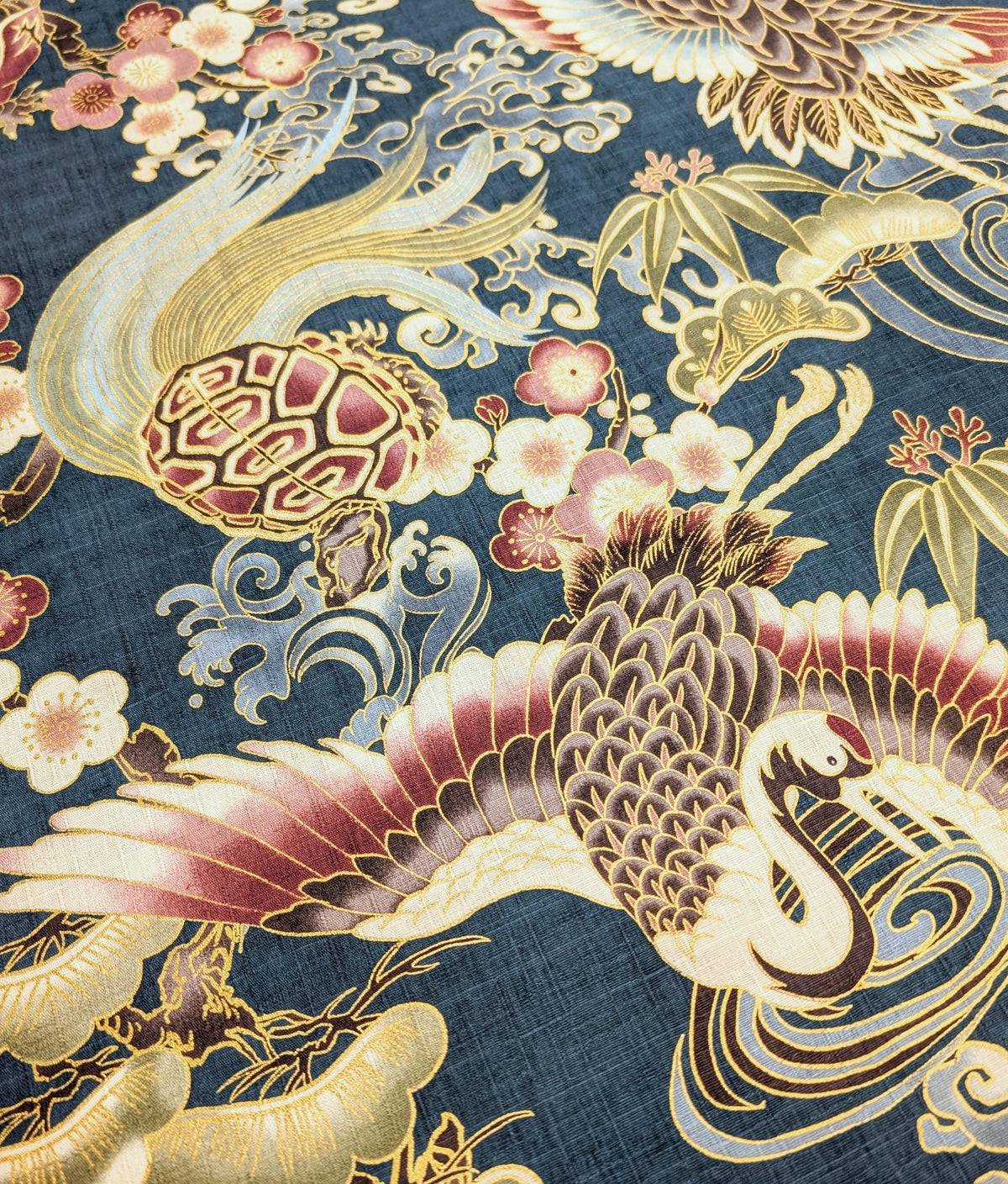 NEW Golden Crane & Minogame Hokkoh Japanese cotton dobby fabric 1025-100-5 C teal
