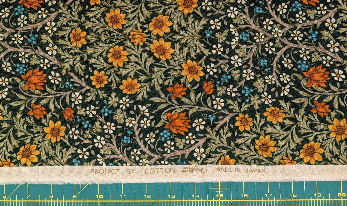 Morris Flower Fields Kobayashi Japanese cotton oxford canvas fabric KTS-6994 E green & yellow