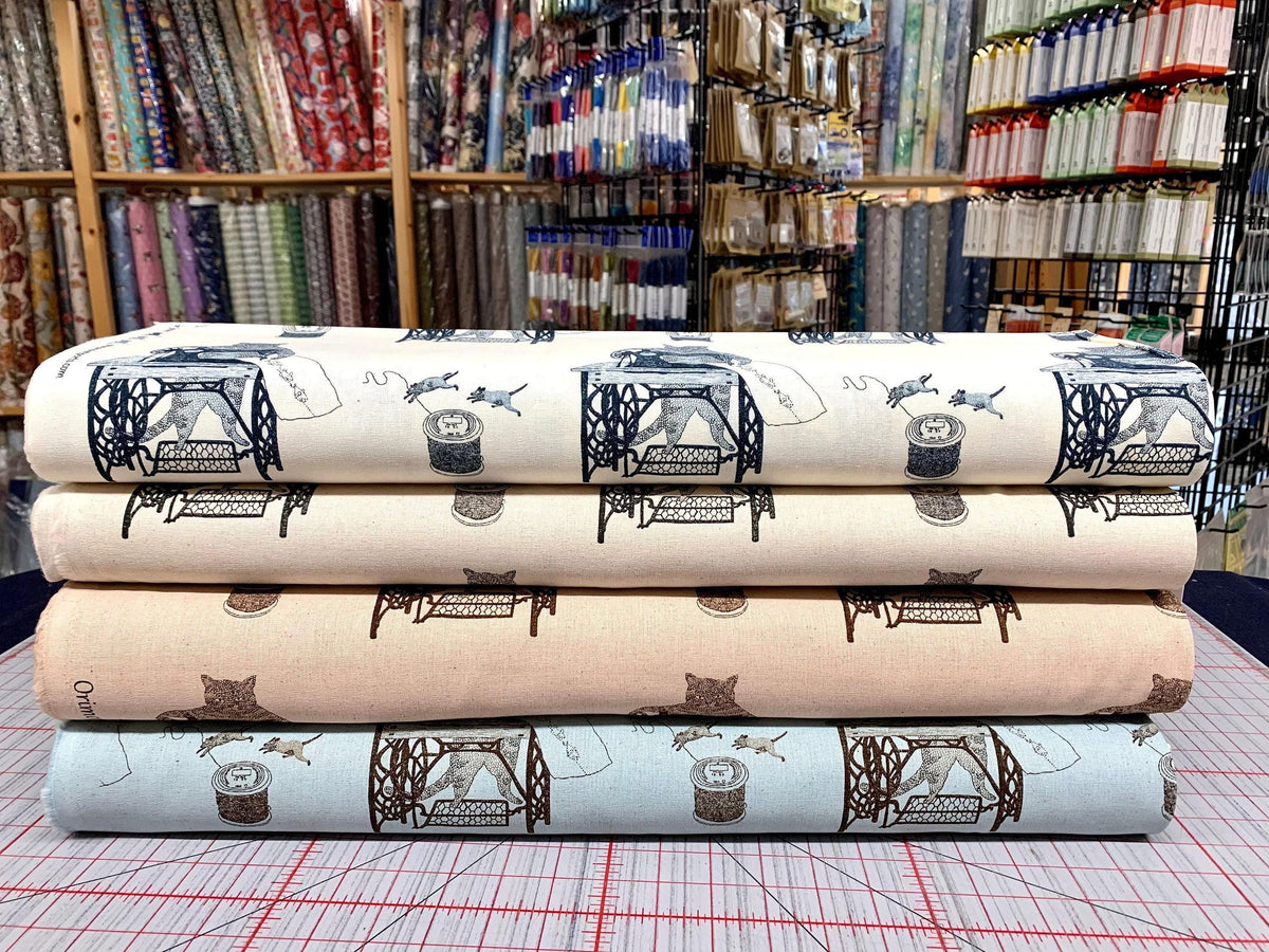 Koizumi - Purr-Fect Stitches Cats with Sewing Machines Cotton/Linen Canvas - Beige Black