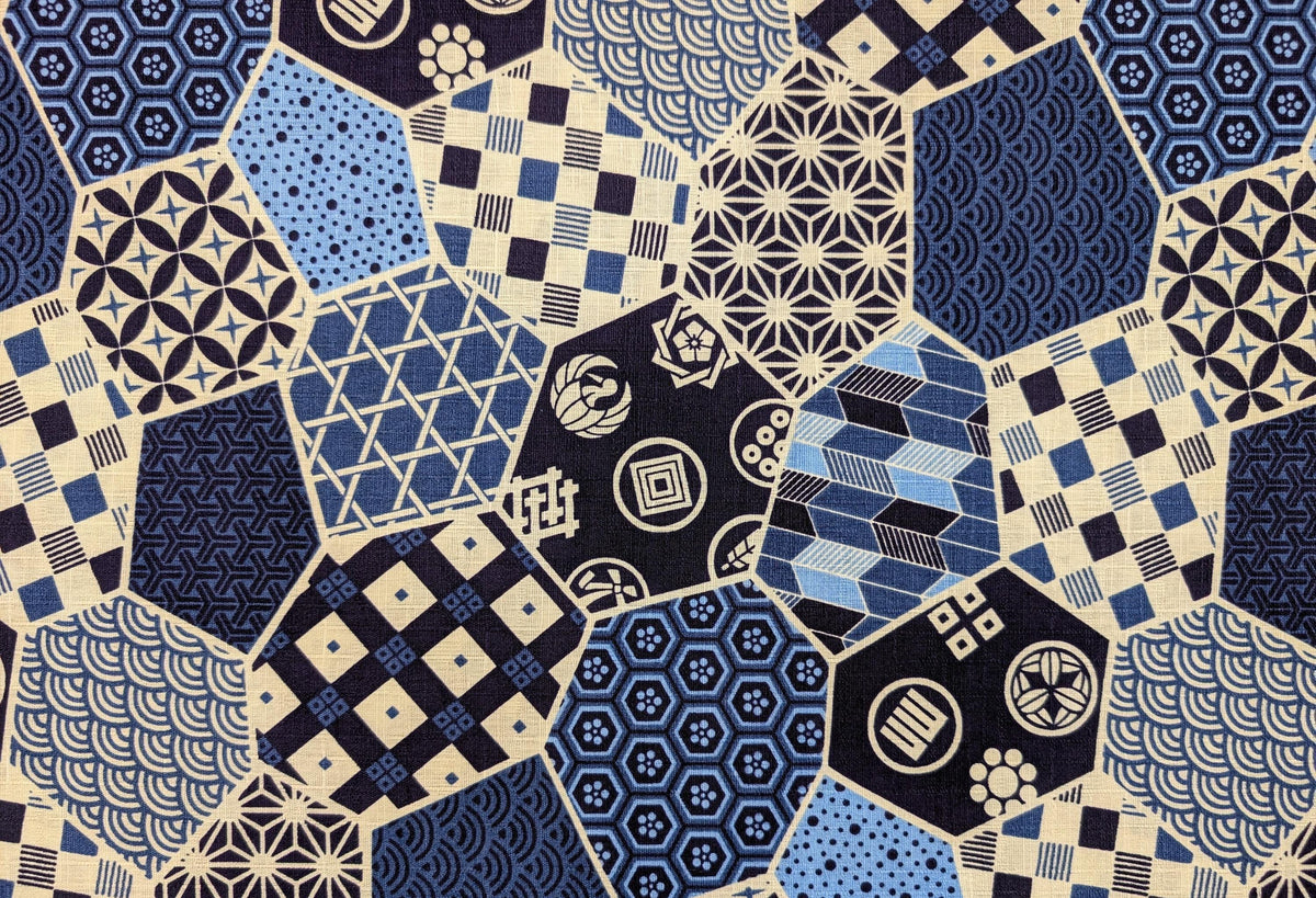 Kokka - Crested Patchwork Cotton Dobby - Blues and White