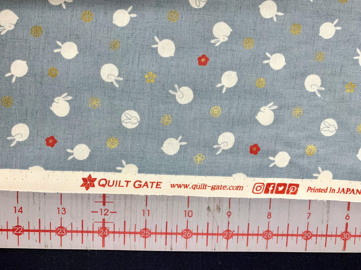 QuiltGate - Hyakka Ryoran Tiny Rabbits Cotton Fabric - Soft Blue