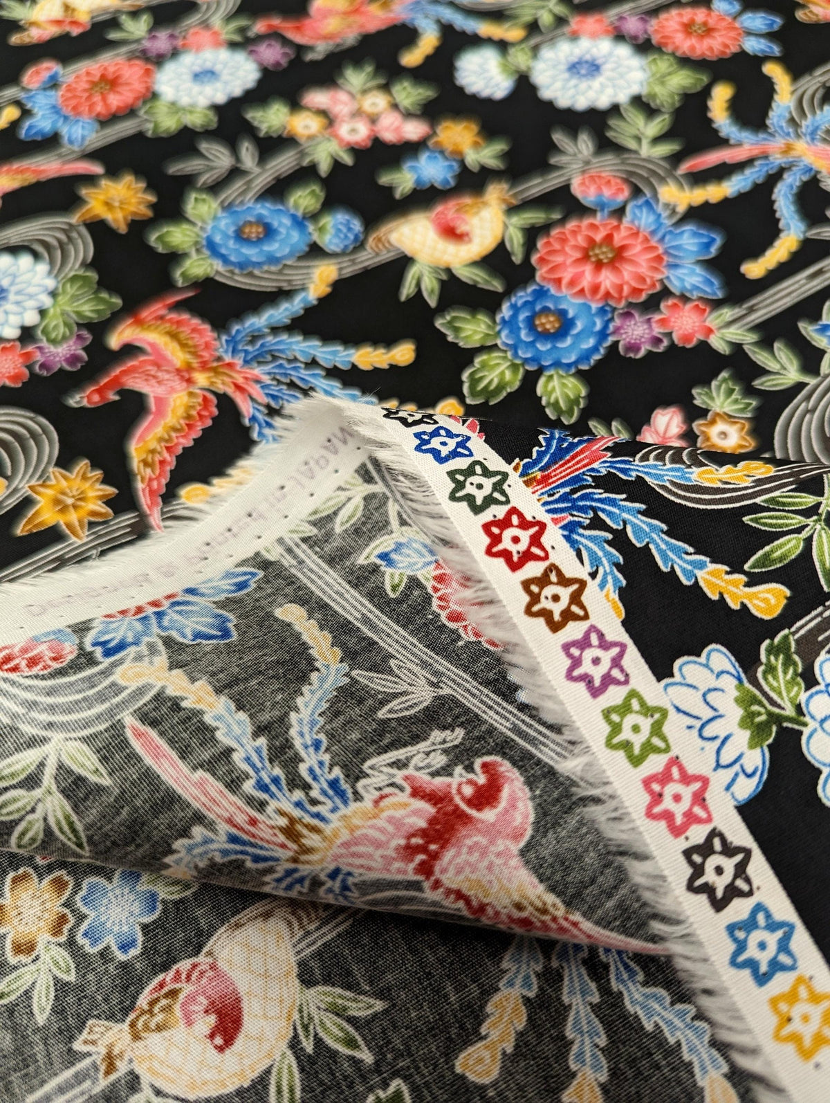 Cosmo - Bingata Phoenix and Flowers Cotton - Black