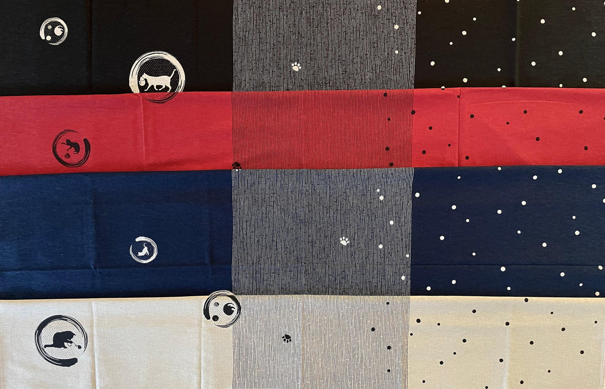 Orimono Imports - Playful Cat and Kitten with Stripes and Dots Fabric Panel - Red