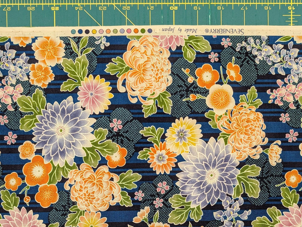 Sevenberry - Striped Shibori Flowers Cotton Fabric - Blue