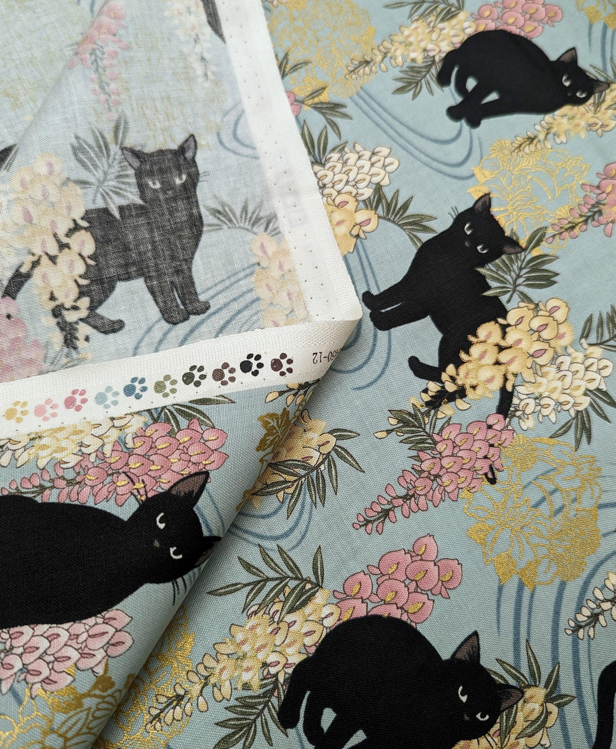 QuiltGate - Hyakka Ryoran Cats and Wisteria Cotton Fabric - Blue