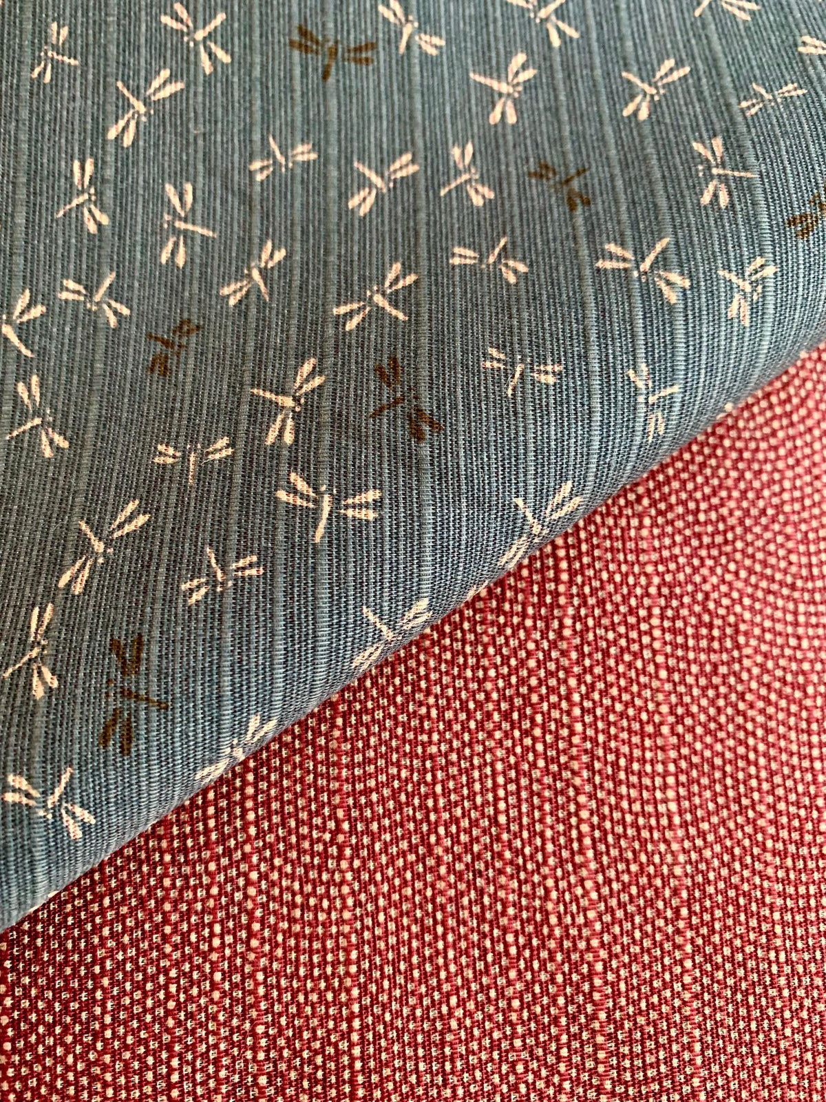Sevenberry - Double Sided Dragonfly and Same-Komon Cotton Shantung - Slate Blue Red