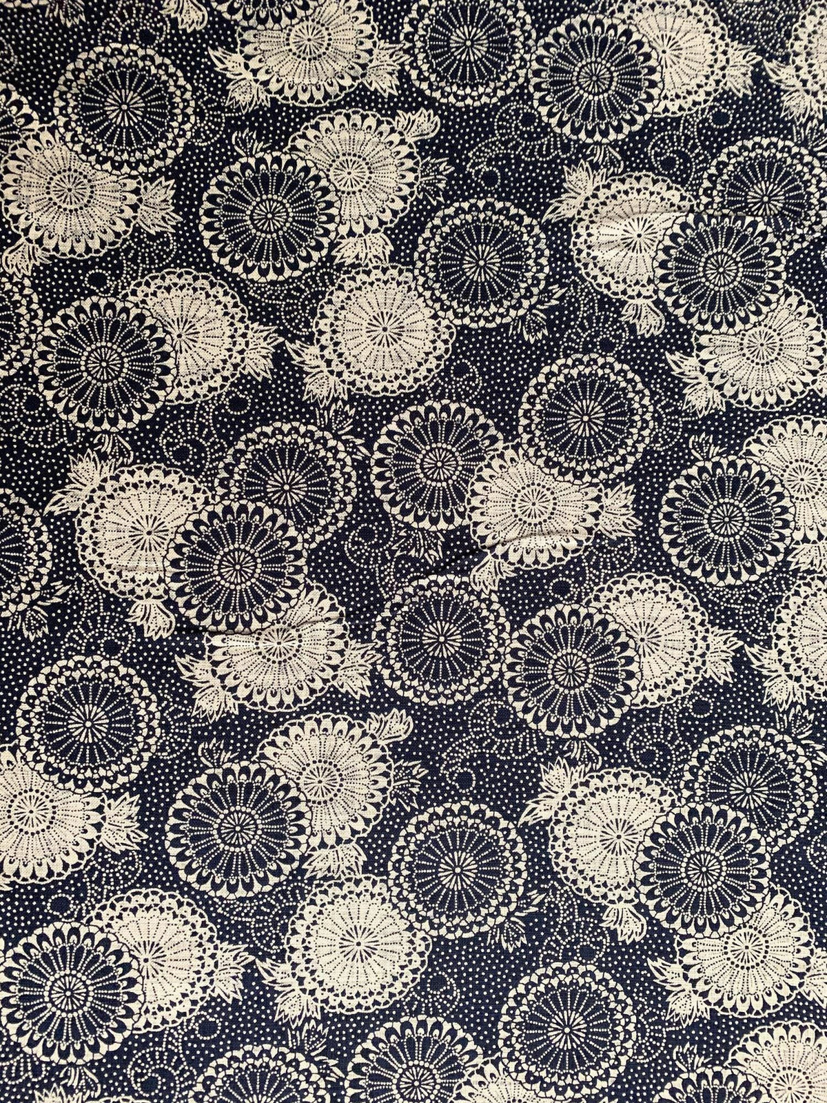 Sevenberry - Katazome Chrysanthemums Cotton Fabric - Navy Blue Beige