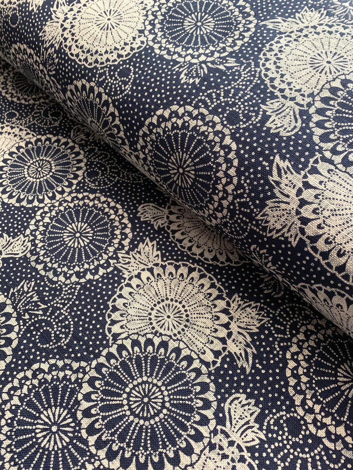 Sevenberry - Katazome Chrysanthemums Cotton Fabric - Navy Blue Beige
