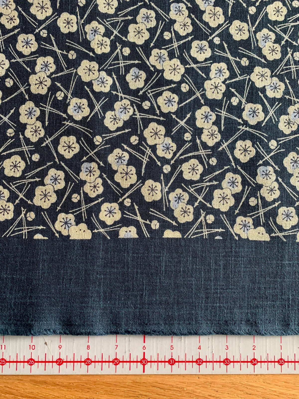 Kurenai - Plum Blossom and Pine Hand Stenciled Cotton - Blue Beige