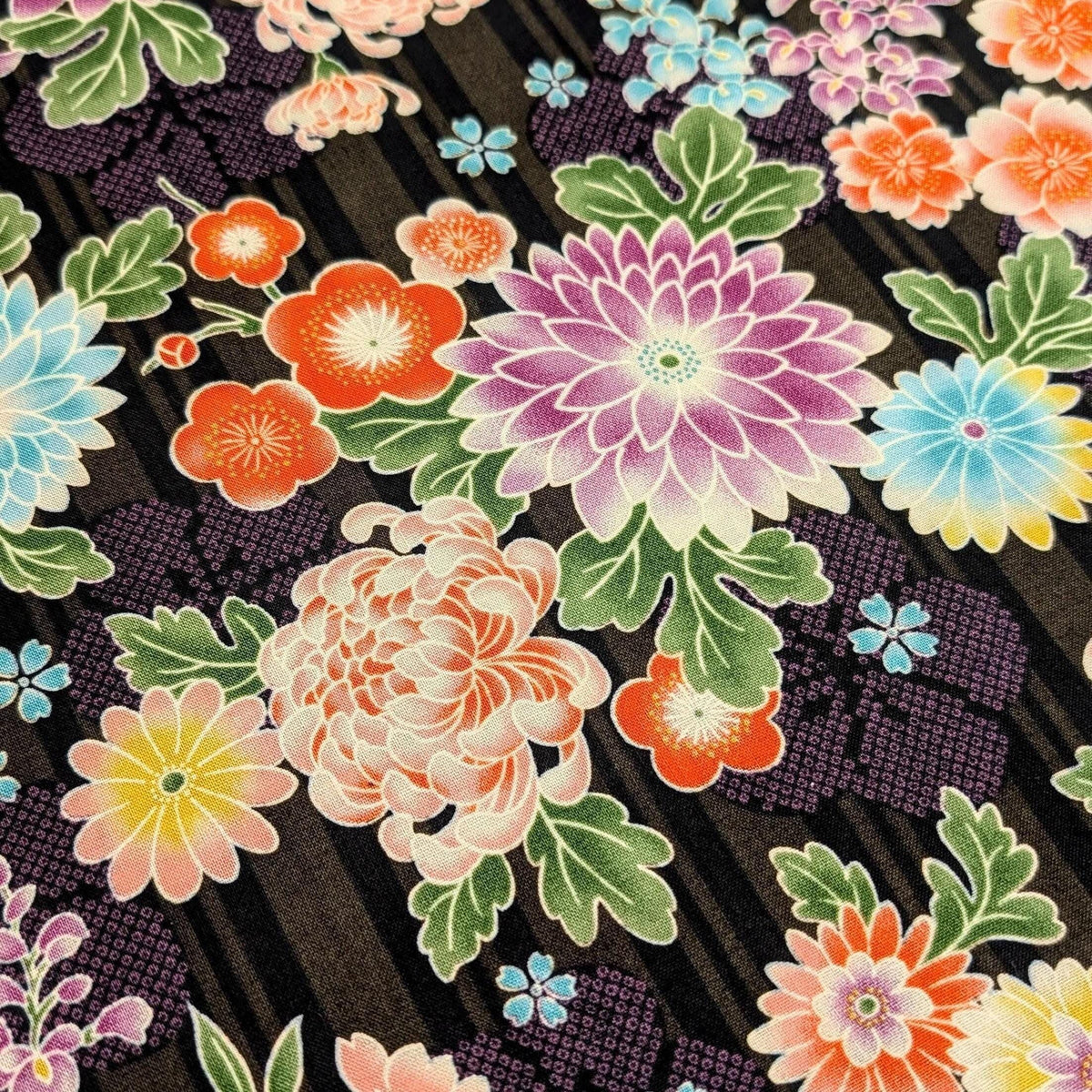 Sevenberry - Striped Shibori Flowers Cotton Fabric - Black