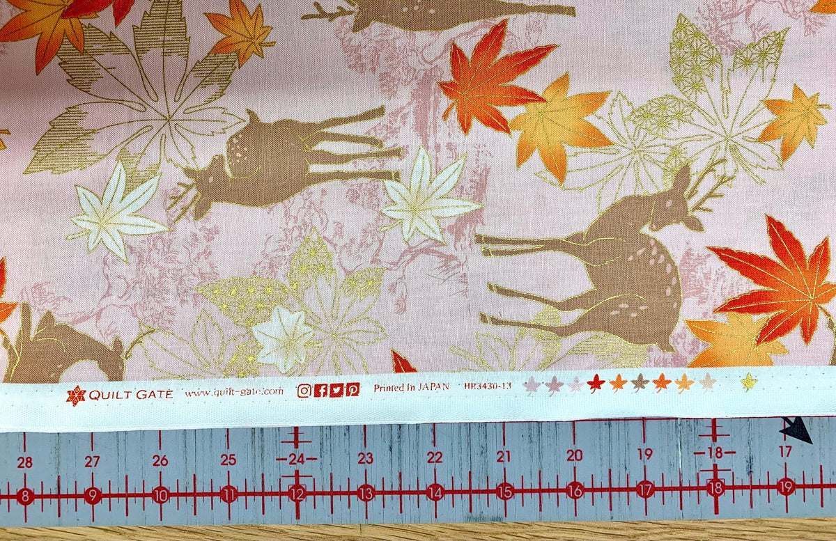 QuiltGate - Hyakka Ryoran Deer and Maple Leaf Cotton Fabric - Pink Orange Russet Gold