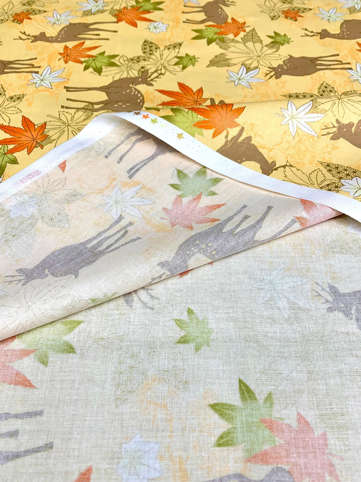 QuiltGate - Hyakka Ryoran Deer and Maple Leaf Cotton Fabric - Custard Orange Yellow Green Gold