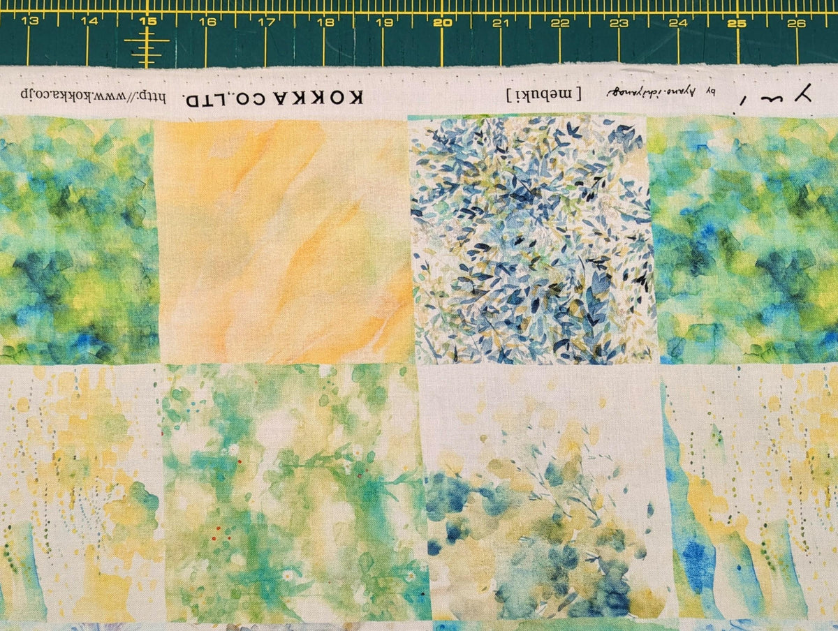 Kokka - Watercolor Flower Squares Cotton Fabric - Blue Green Yellow