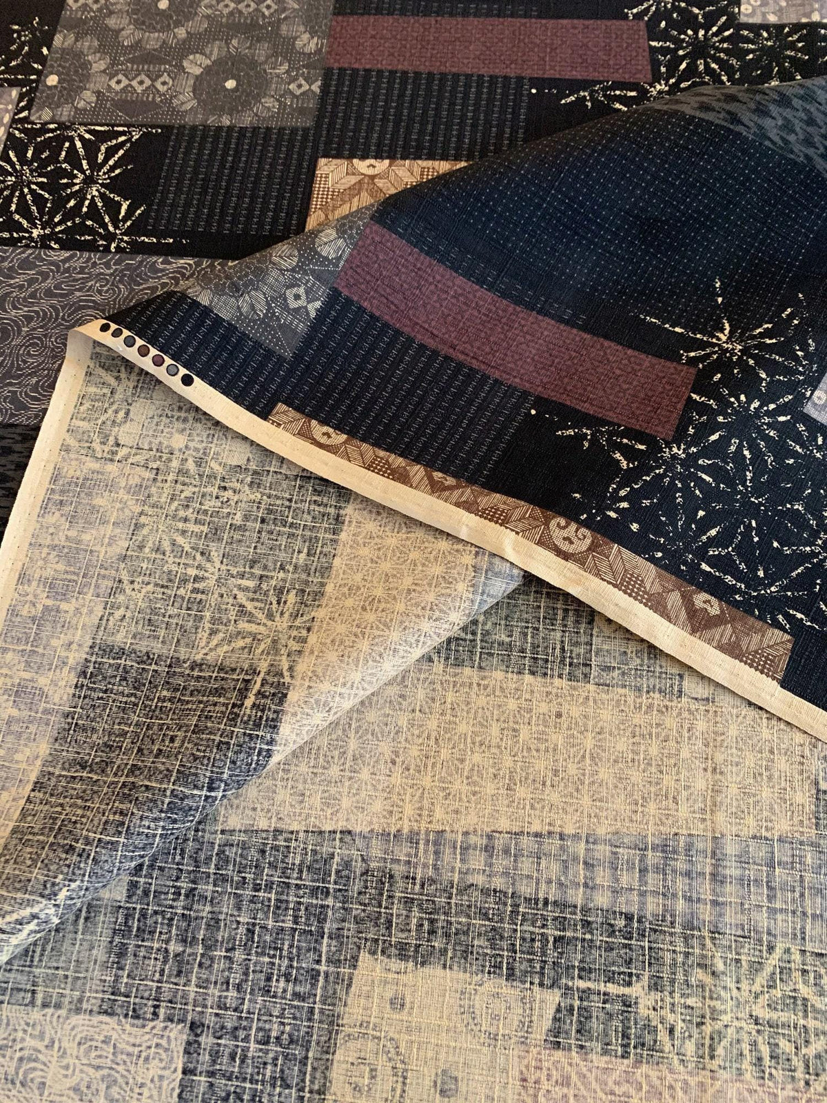 Morikiku - Boro Patchwork Print Cotton Dobby - Black Brown