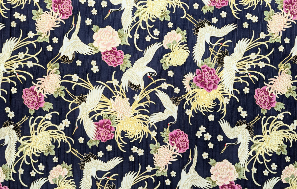 Cosmo - Cranes and Flowers Cotton Shantung - Blue