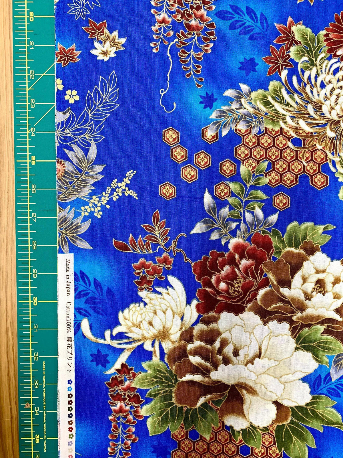 Orimono Imports - Honeycomb Florals Cotton Fabric - Blue Gold