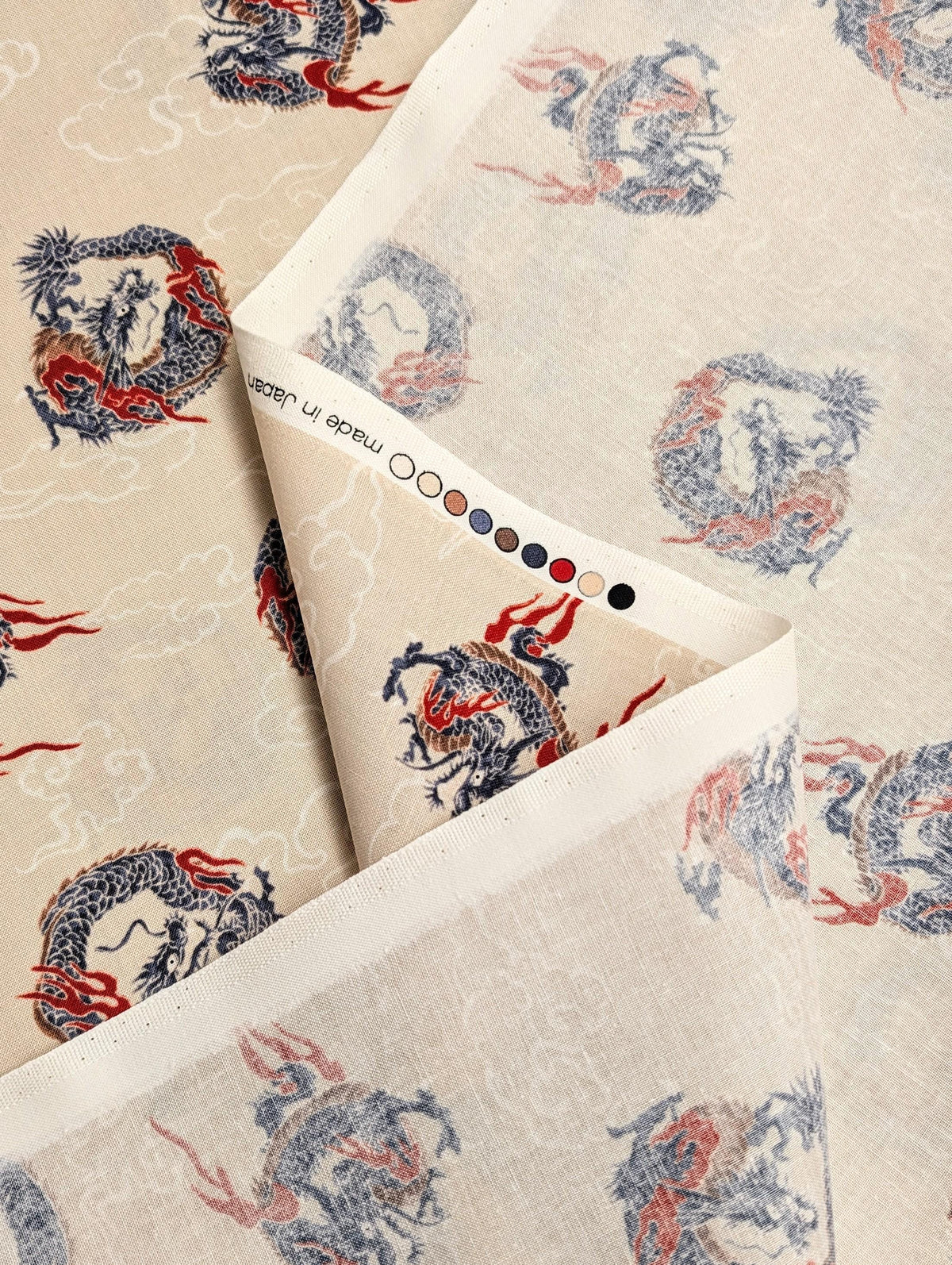 Hishiei - Circling Dragons Cotton Fabric - Beige