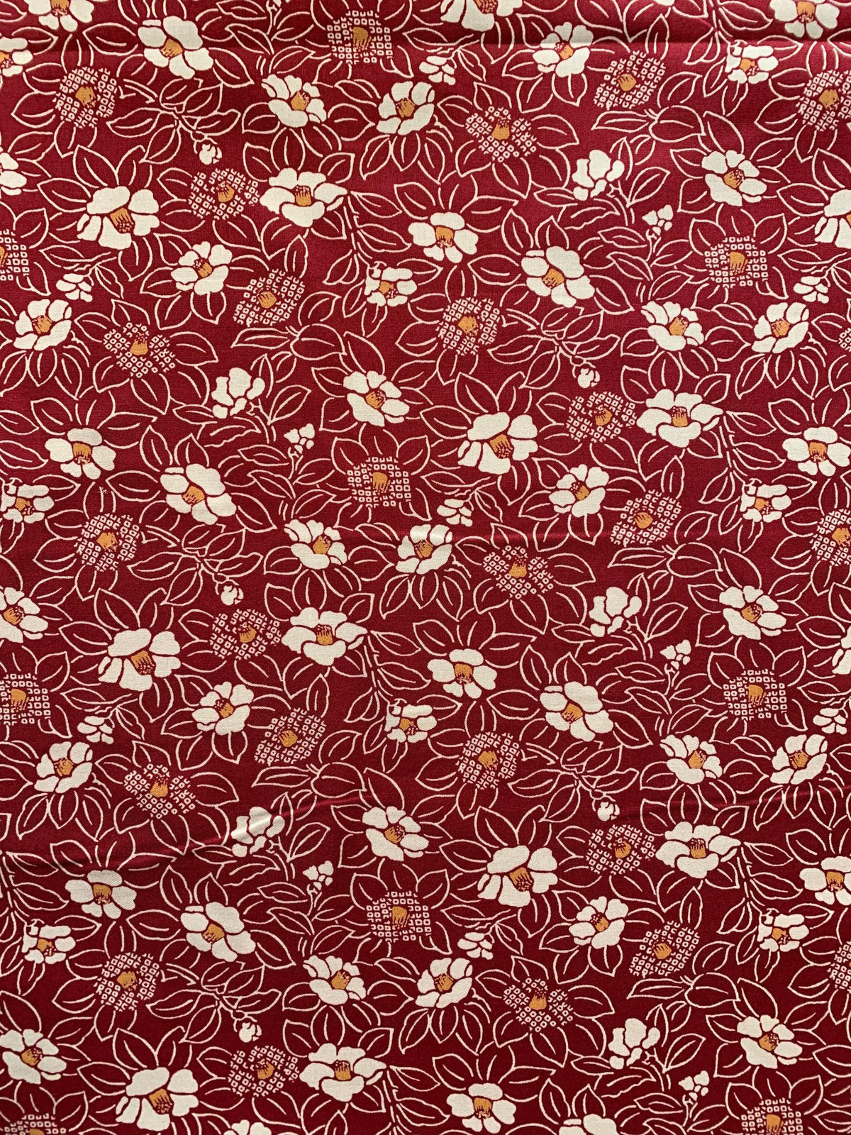 Kurenai - Blooming Camellias Cotton Fabric - Beige Red Orange