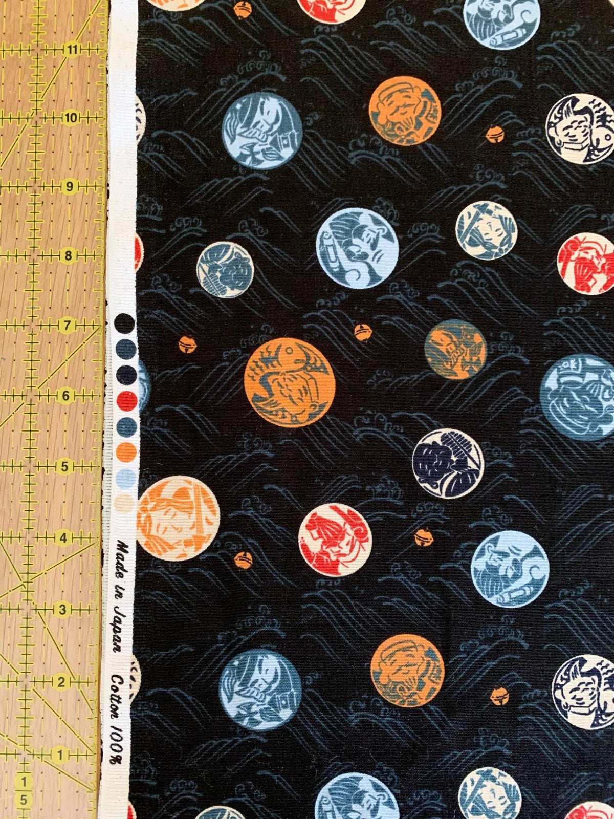 Seven Lucky Gods 七福神 Shichifukujin Japanese cotton fabric Y-3060-43D black