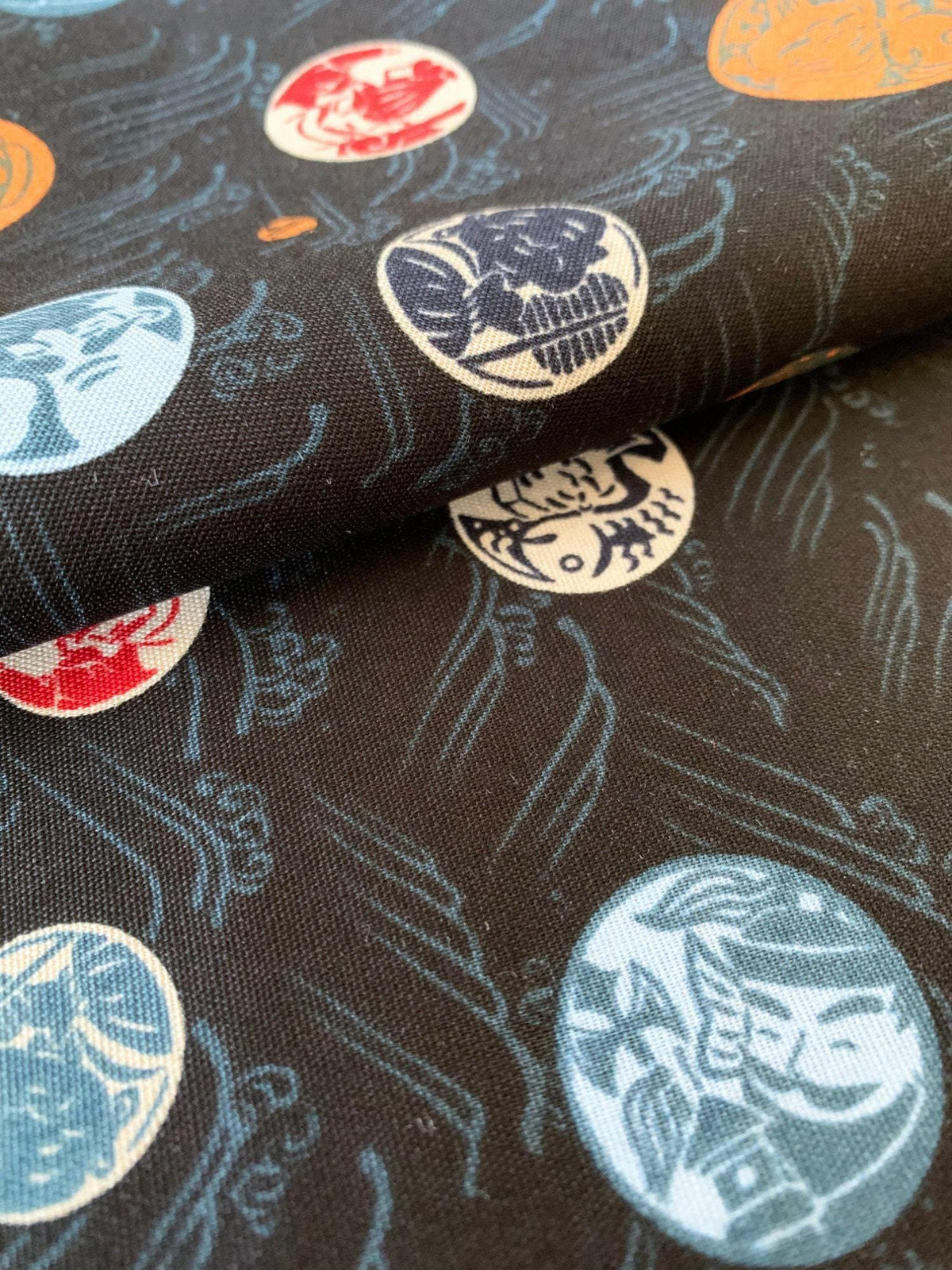 Seven Lucky Gods 七福神 Shichifukujin Japanese cotton fabric Y-3060-43D black