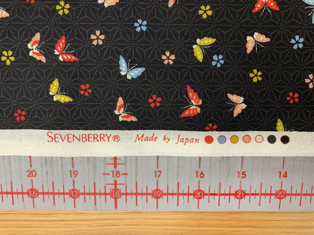 Sevenberry - Little Butterflies and Asanoha Stars Cotton Fabric - Black