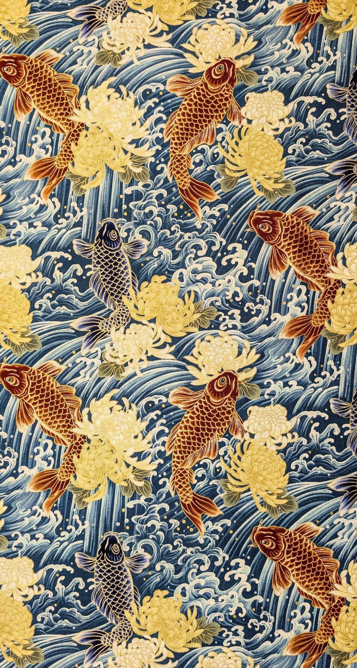 QuiltGate - Hyakka Ryoran Koi and Chrysanthemum Cotton Fabric - Teal