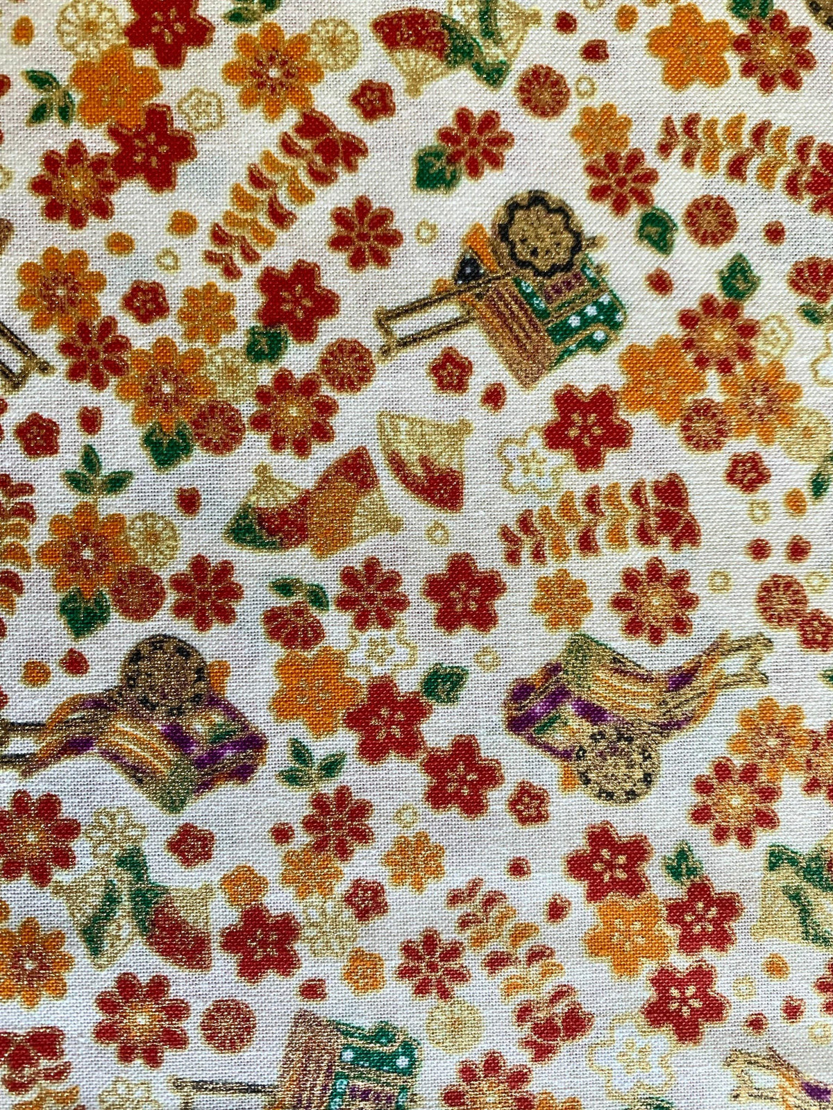 Naka - Royal Carts and Blossoms Cotton Fabric - Cream Gold