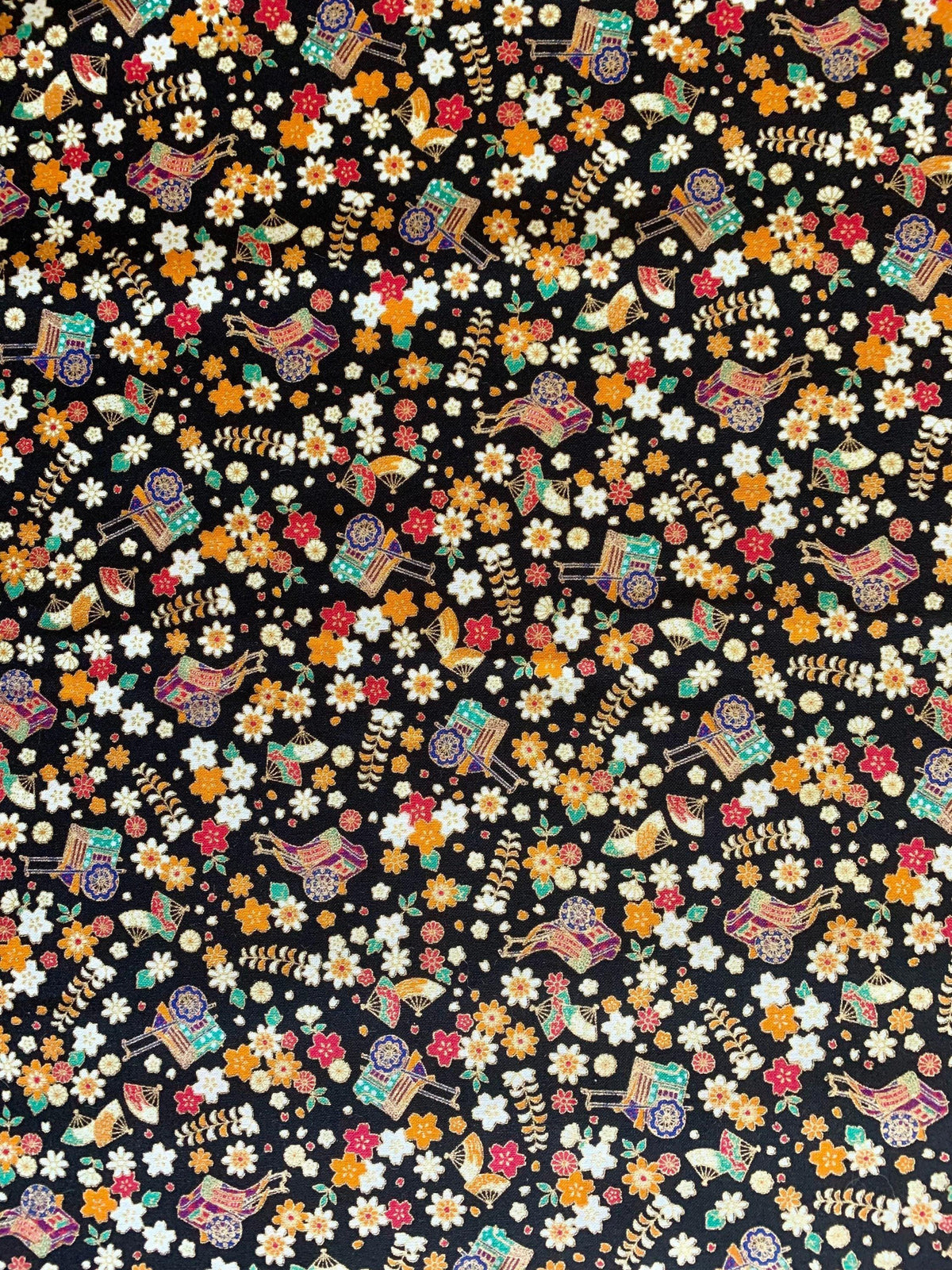 Naka - Royal Carts and Blossoms Cotton Fabric - Black Gold