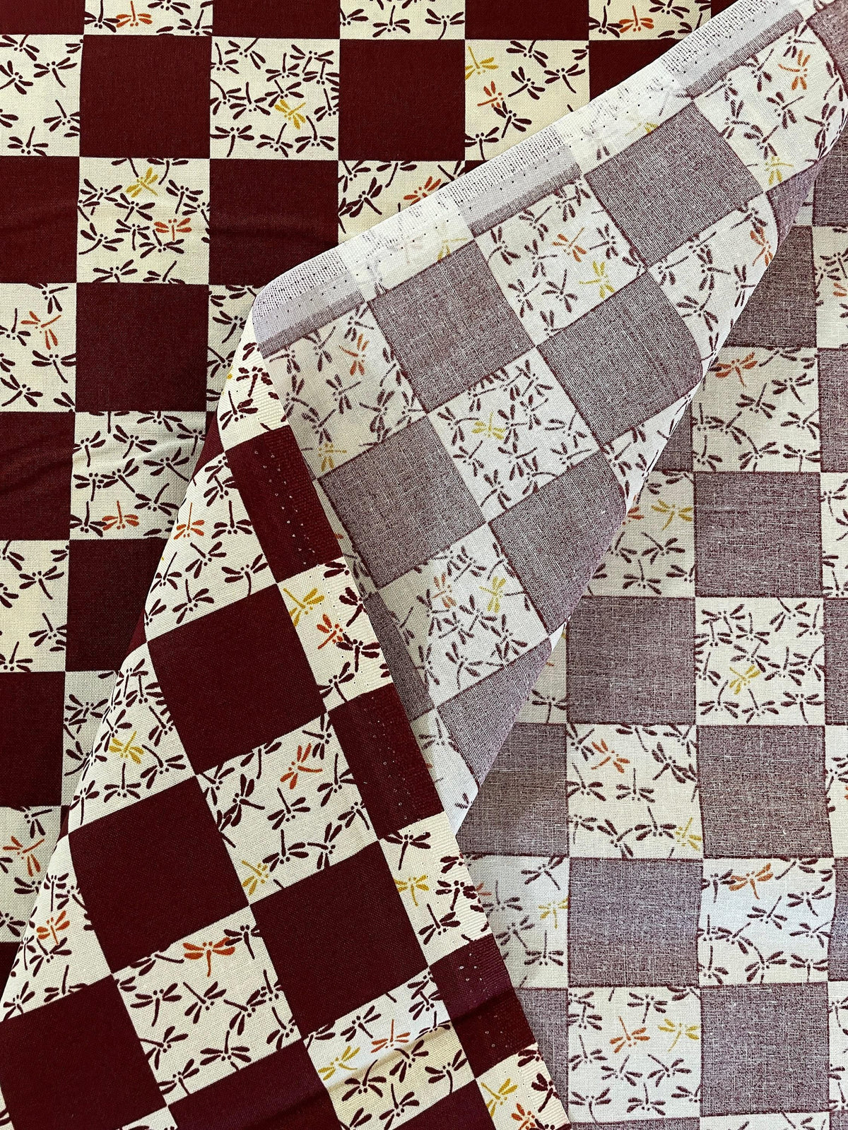 Kurenai - Checkerboard Dragonflies Cotton Fabric - Red