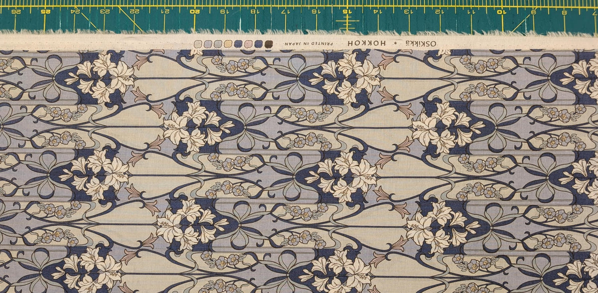 Hokkoh - Nouveau Flower Filigree Cotton Lawn - Medium Blue and Beige