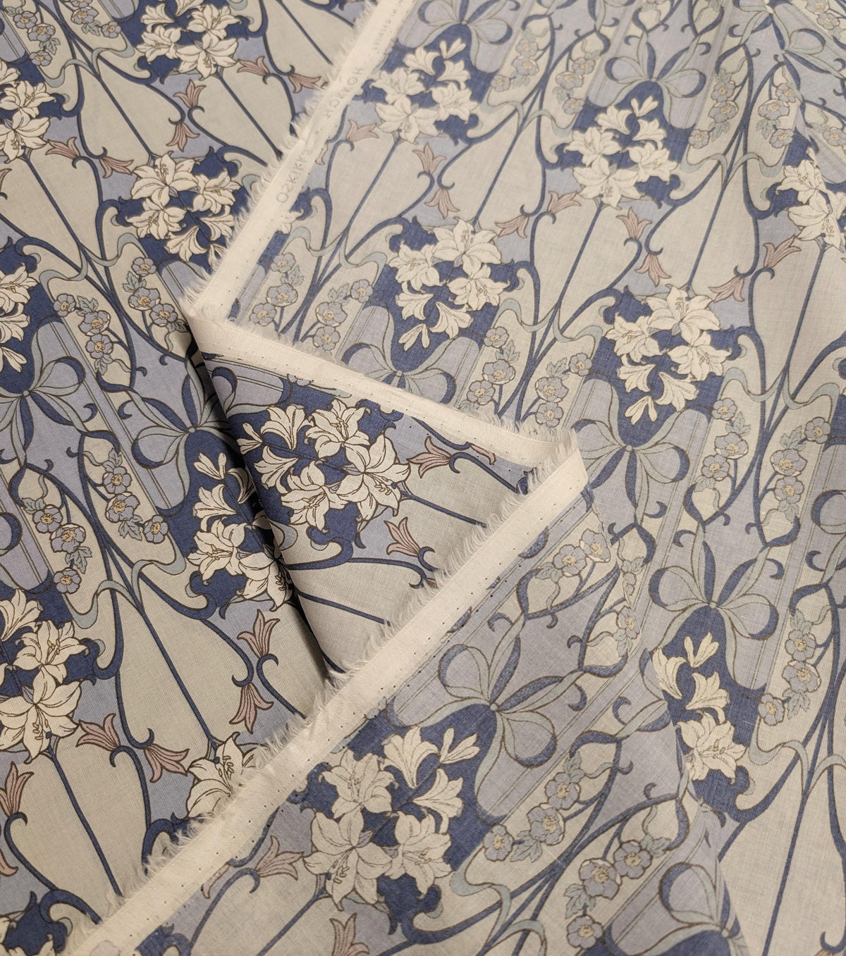 Hokkoh - Nouveau Flower Filigree Cotton Lawn - Medium Blue and Beige
