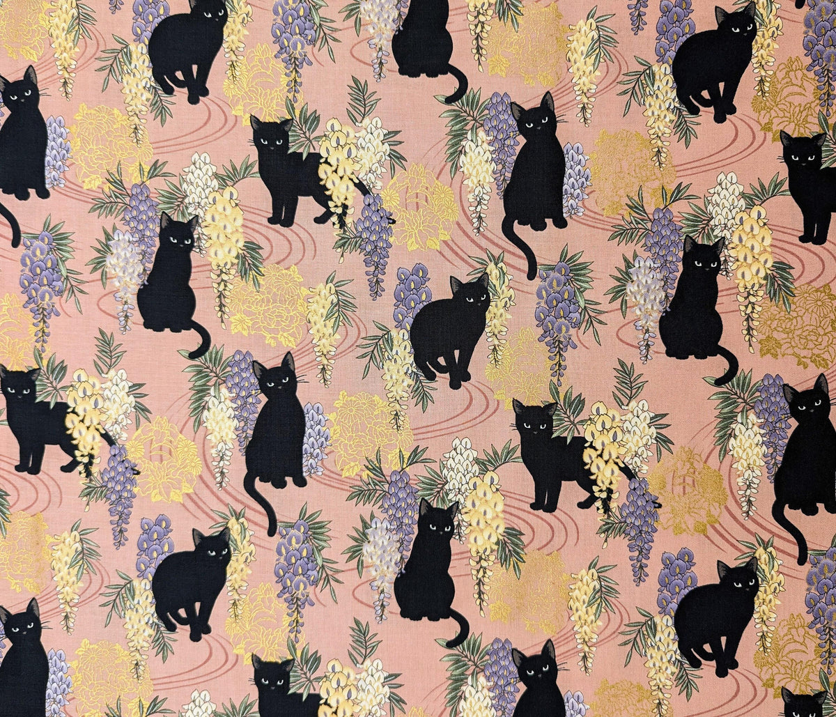 QuiltGate - Hyakka Ryoran Cats and Wisteria Cotton Fabric - Pink
