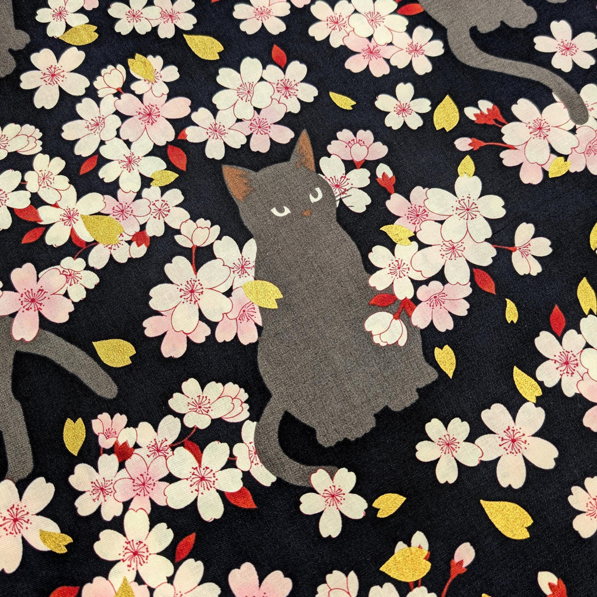 QuiltGate - Hyakka Ryoran Black Cats and Cherry Blossoms Cotton Fabric - Black