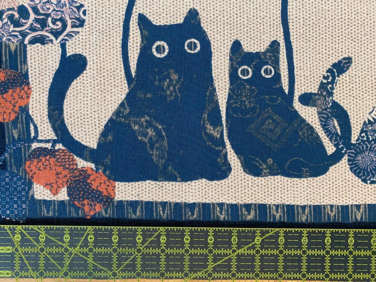 Kurenai - Cat Family Japanese Noren Panel - Blue