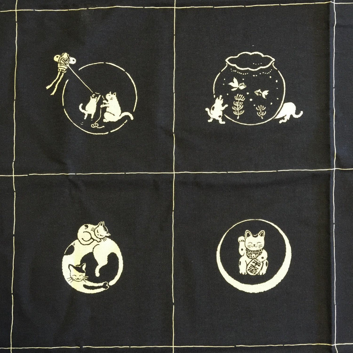 Orimono Imports - Neko Cat Cotton Fabric Panel - Navy, Black, or Red